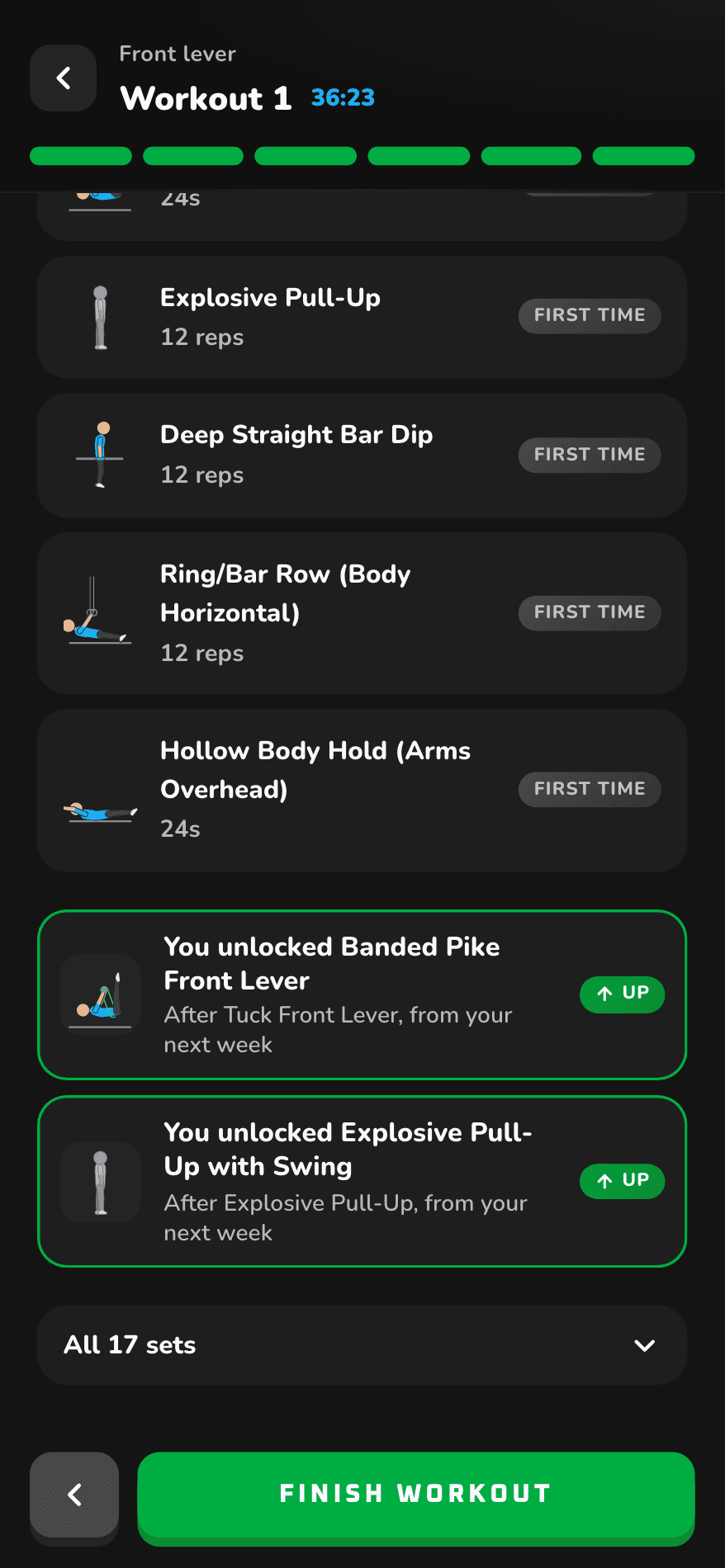 The end of a CaliRealm workout: two exercises moved up, unlocking Banded Pike Front Lever and Explosive Pull-Up with Swing for next week
