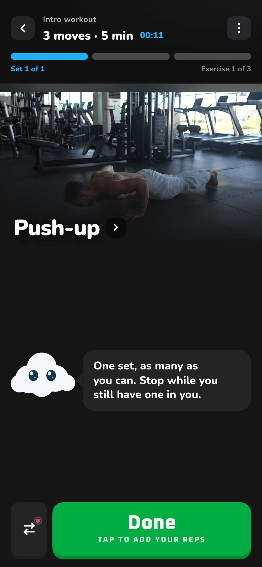The CaliRealm workout player on a push-up set, with Chalky saying stop while you still have one in you