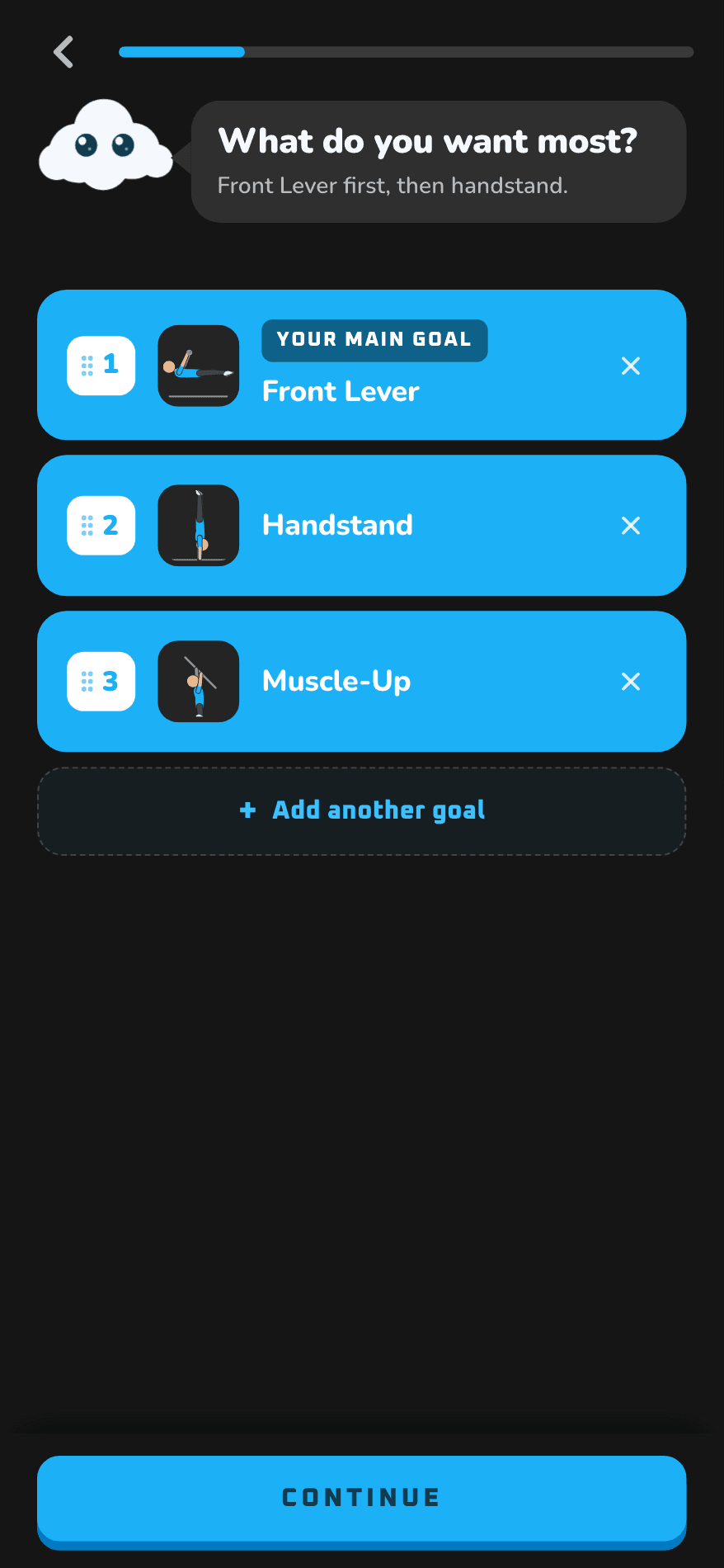 The CaliRealm quiz asking what you want most, with front lever, handstand and muscle-up ranked one to three