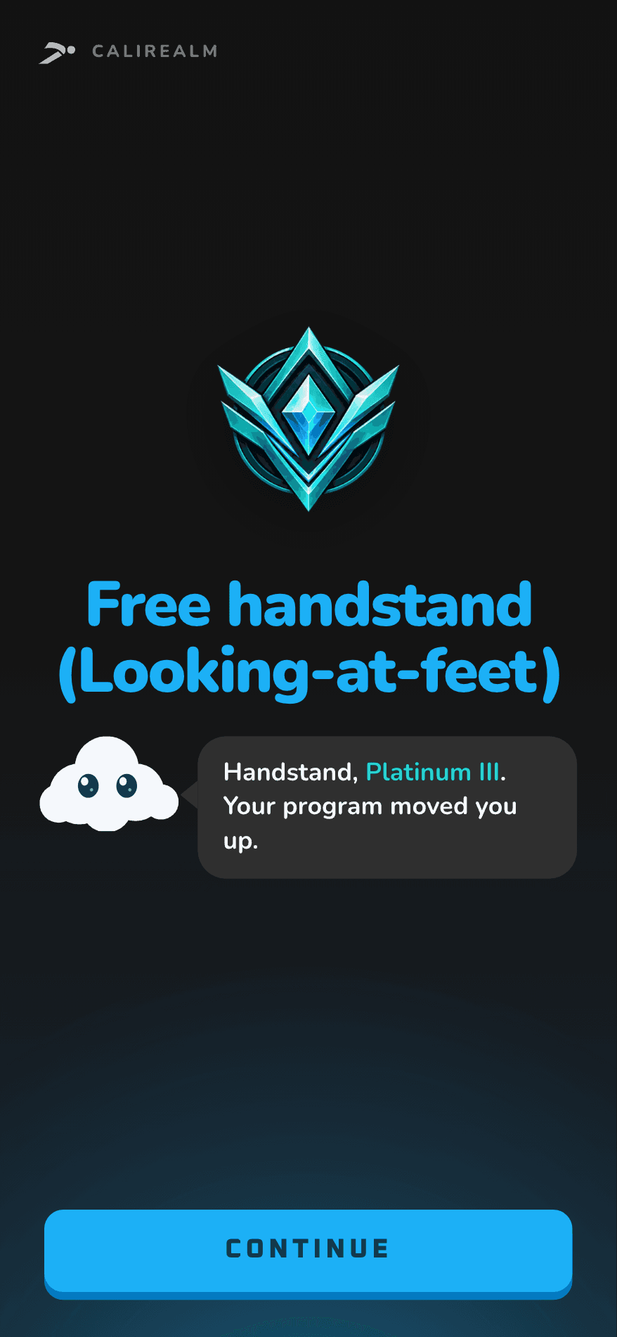The CaliRealm rank-up screen: a Platinum badge, and Chalky saying the handstand reached Platinum III