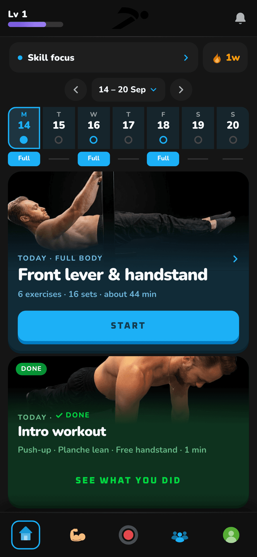 CaliRealm home: this week's training days and today's front lever and handstand workout with a Start button